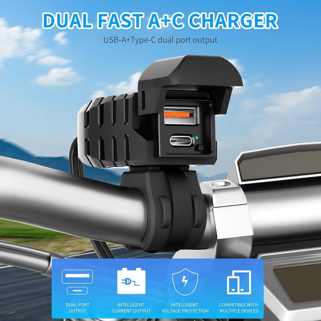 Motorcycle USB Charger, Dual USB Type C 30W PD & QC 3.0 Motorcycle Phone Charger With Voltmeter & ON/Off Switch, Waterproof ATV/Motorcycle/Dirt Bike