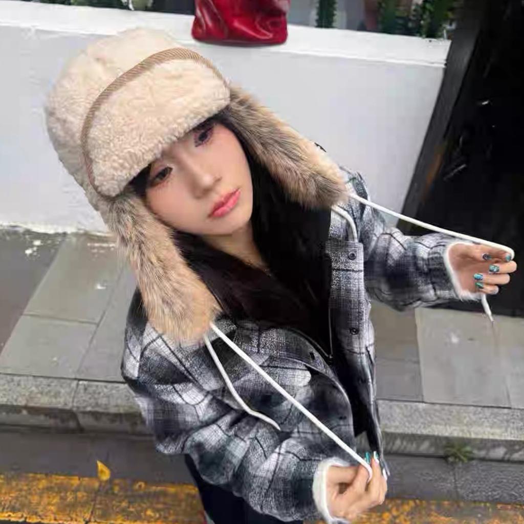 Lamb Wool Fleece Ear Protection Lei Feng Hat Women's Winter Northeast Ski Hat Warm Big Head Circumference Flying Hat