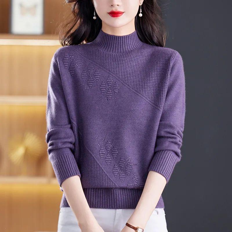 Solid Color Jacquard Knitted Sweater Women's High Neck Winter Sweater Knitted Base Sweater