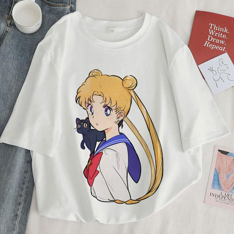 Camiseta con estampado Kawaii de Anime japonés para mujer, remera Harajuku de estética blanca y rosa, camiseta para mujer 2022