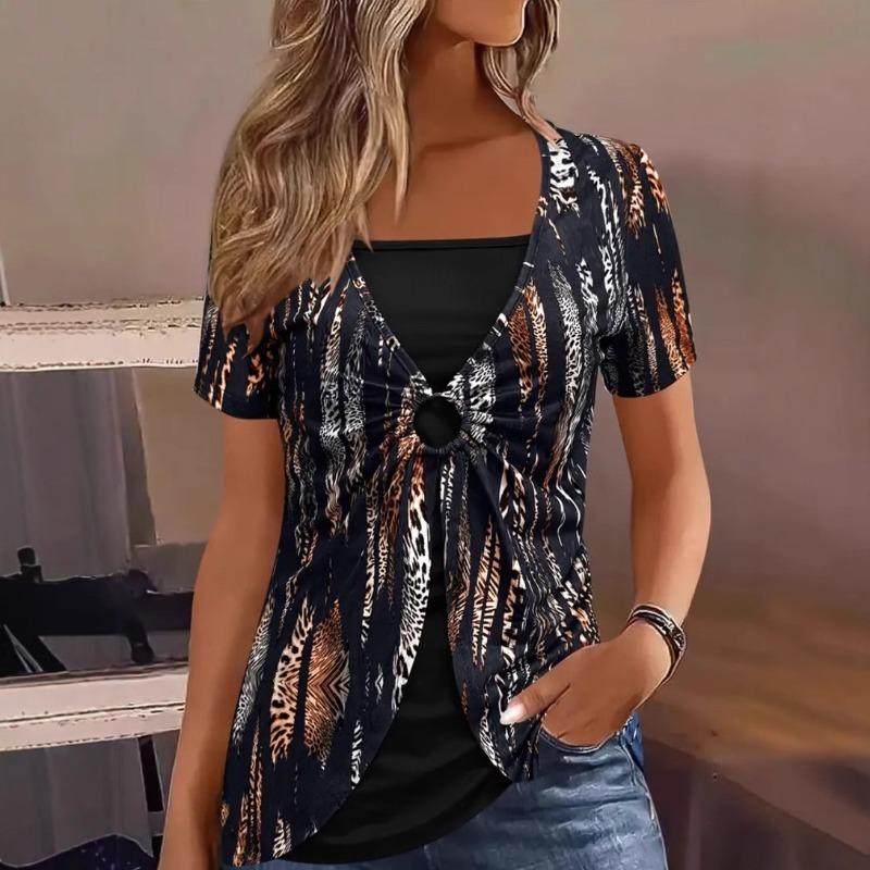 Elegant Square Neck Women's Short Sleeve T-Shirt Ethnic Leopard Print False Two-Piece Top Fashion Streetwear