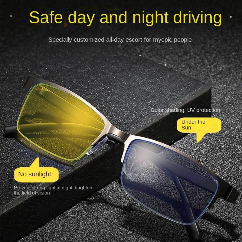 TR90 Color Changing Night Vision Glasses Men Business Half-frame Stylish Photochromic Eyeglasses UV-blocking Driving Sunglasses