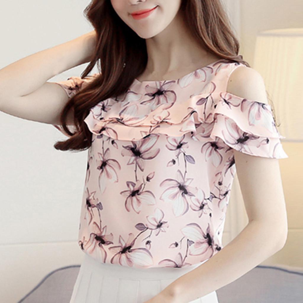 Summer Women Off Shoulder Ruffles Tops Casual Chiffon Floral Print Blouses