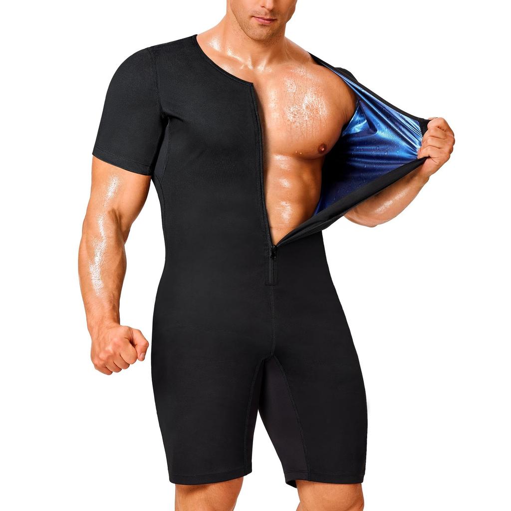 Sauna-Anzug für Herren 3 in 1 Ganzkörper-Formformer Taillentrainer Schweißshirt Kurzarm Trainings-Top mit Shorts Schlankmachender Jumpsuit Fitness-Leotard für das Fitnessstudio
