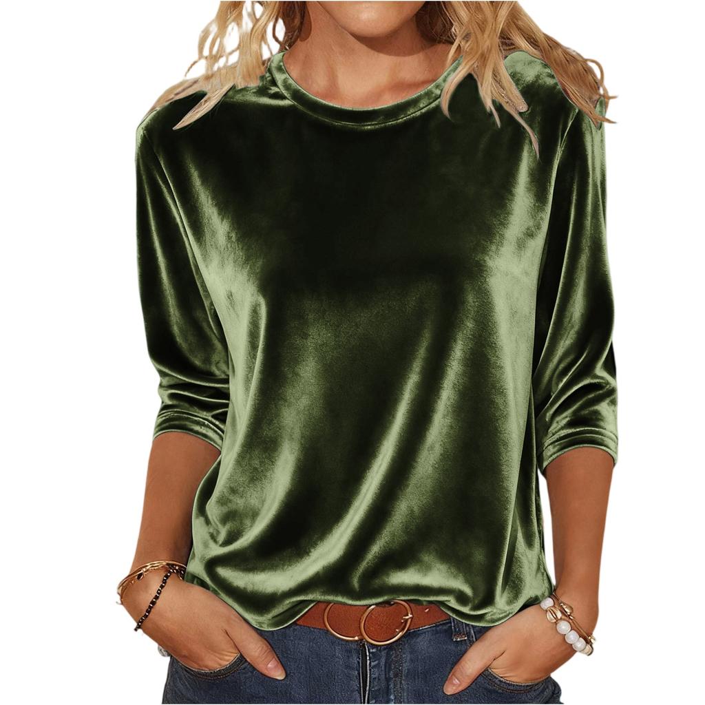 Damen Farbe Gold Samt Modisches Langarm T-Shirt Pullover Oberteil