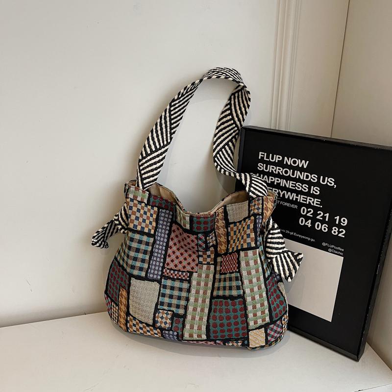 Color Block Tote Bag Women Print Plaid Shoulder Bag
