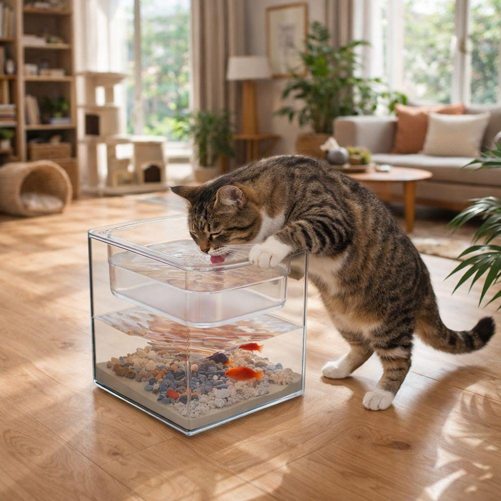 Creative Transparent Double-layer Fish Tank Cube Shatterproof Cat Drinking Bowls Plastic Goldfish Tanks Landscape Ecological