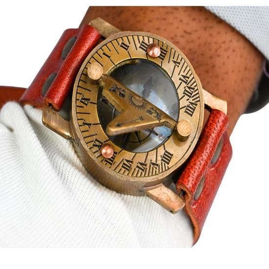 Steampunk Brass Sundial Compass Wristwatch Leather Strap Timepiece