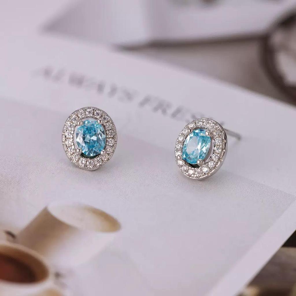 S925 Sterling Silver Oval Aquamarine Stud Earrings - Classic, Sparkly, and High-End