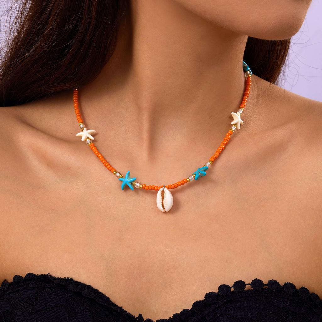 Bohemian Colorful Rice Beads Necklace for Women Sea Shell Starfish Pendant Clavicle Choker Summer Beach Party Charm Jewelry Gift