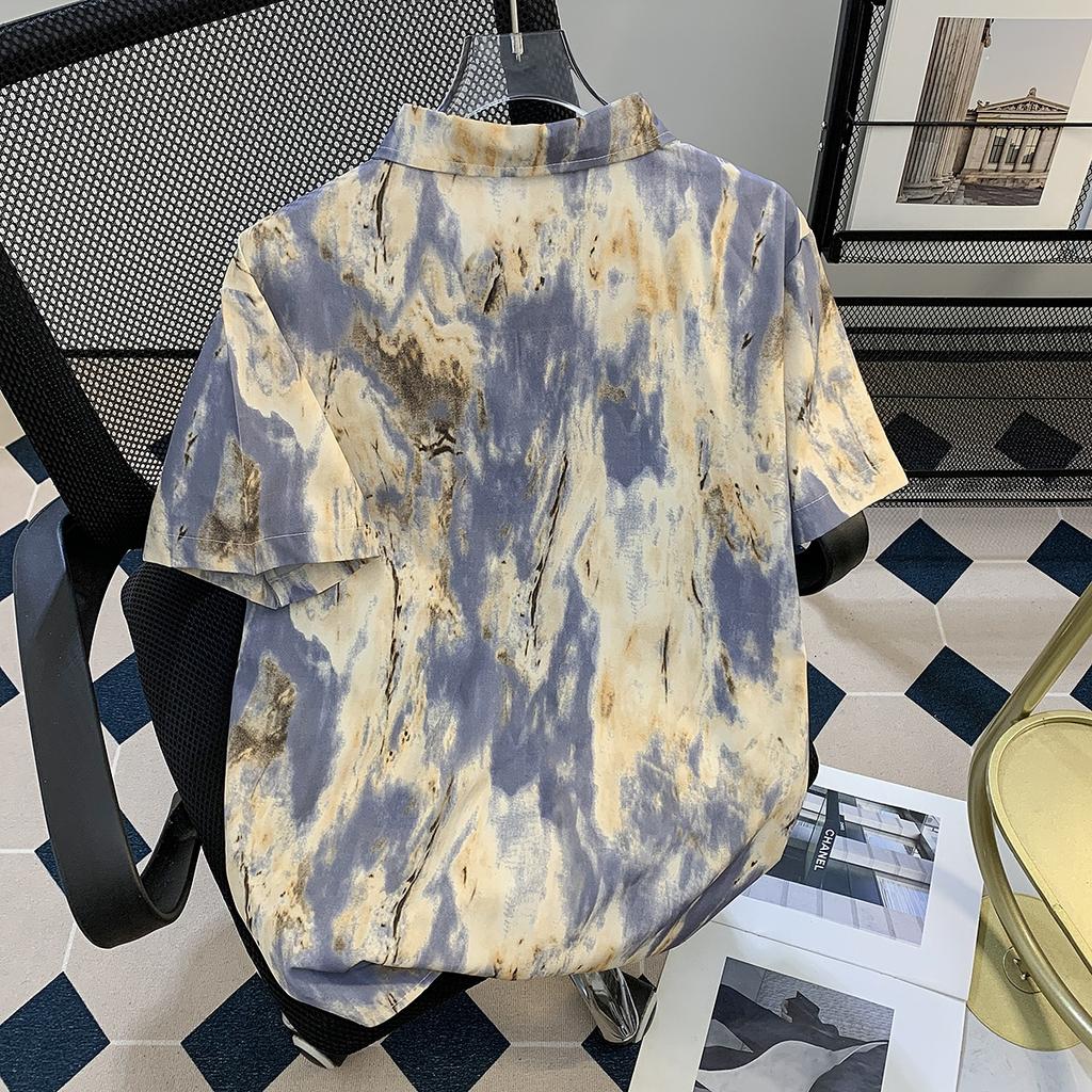 Ink Tie-Dye Cardigan Short Sleeve Shirt for Men, Thin Summer Ice Silk Quick-Dry Half Sleeve Turn-Down Collar Shirt Jacket