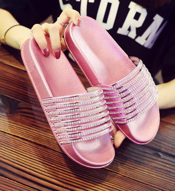 

Fashion glitter crystal narrow band women slippers summer outside flat creepers slides 36-41 size anti-skid beach flip flops gold/sliver 6