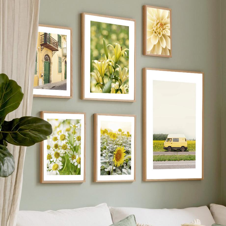 Yellow Grass Dahlia Daisy Sunflower Car Line Pose Wall Art Prints Canvas Painting Nordic Poster Decor Pictures For Living Room