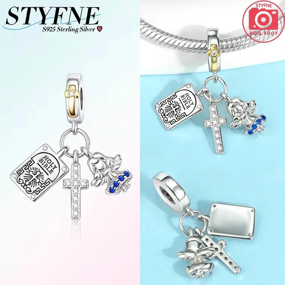 Original Charms Blue Cross Religious Winged Angel Gold Beads Fit Bracelet Copper Women Diy Fine Gift Accessory Set