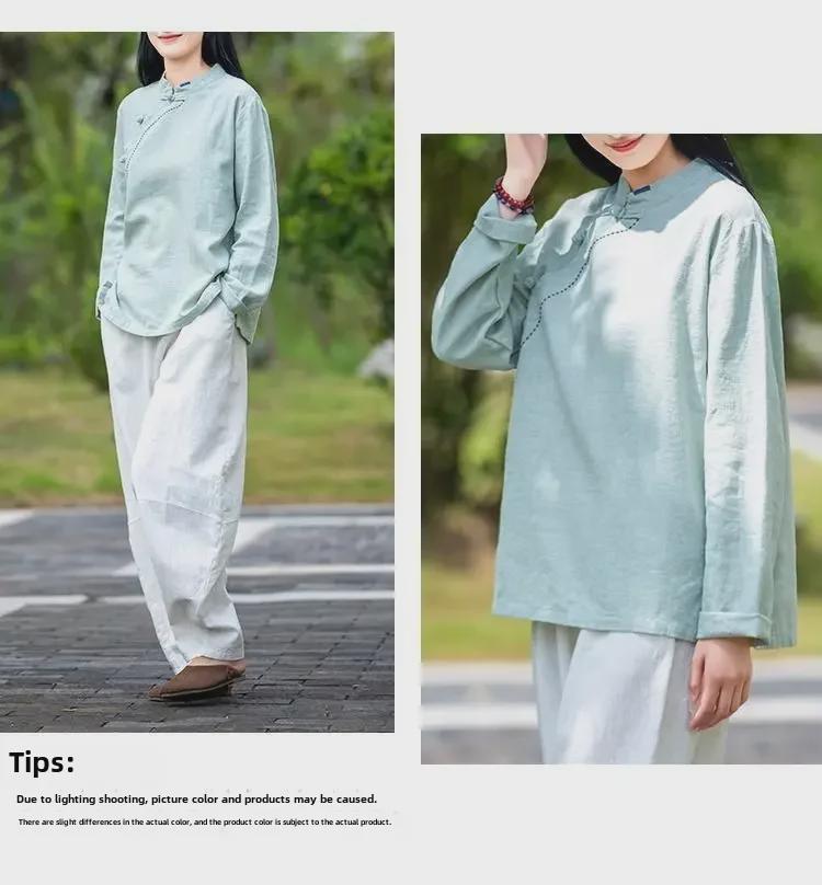 Damska bluzka z bawełny i lnu w stylu retro z długim rękawem: Wiosna/Lato, Krój Slim Fit, Stójka/Asymetryczny Kołnierz