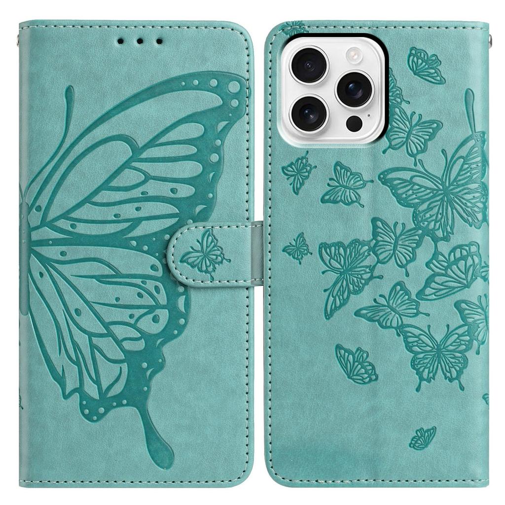 For iPhone 16 Pro Case Butterfly Imprinted Wallet Stand PU Leather Flip Phone Cover with Strap
