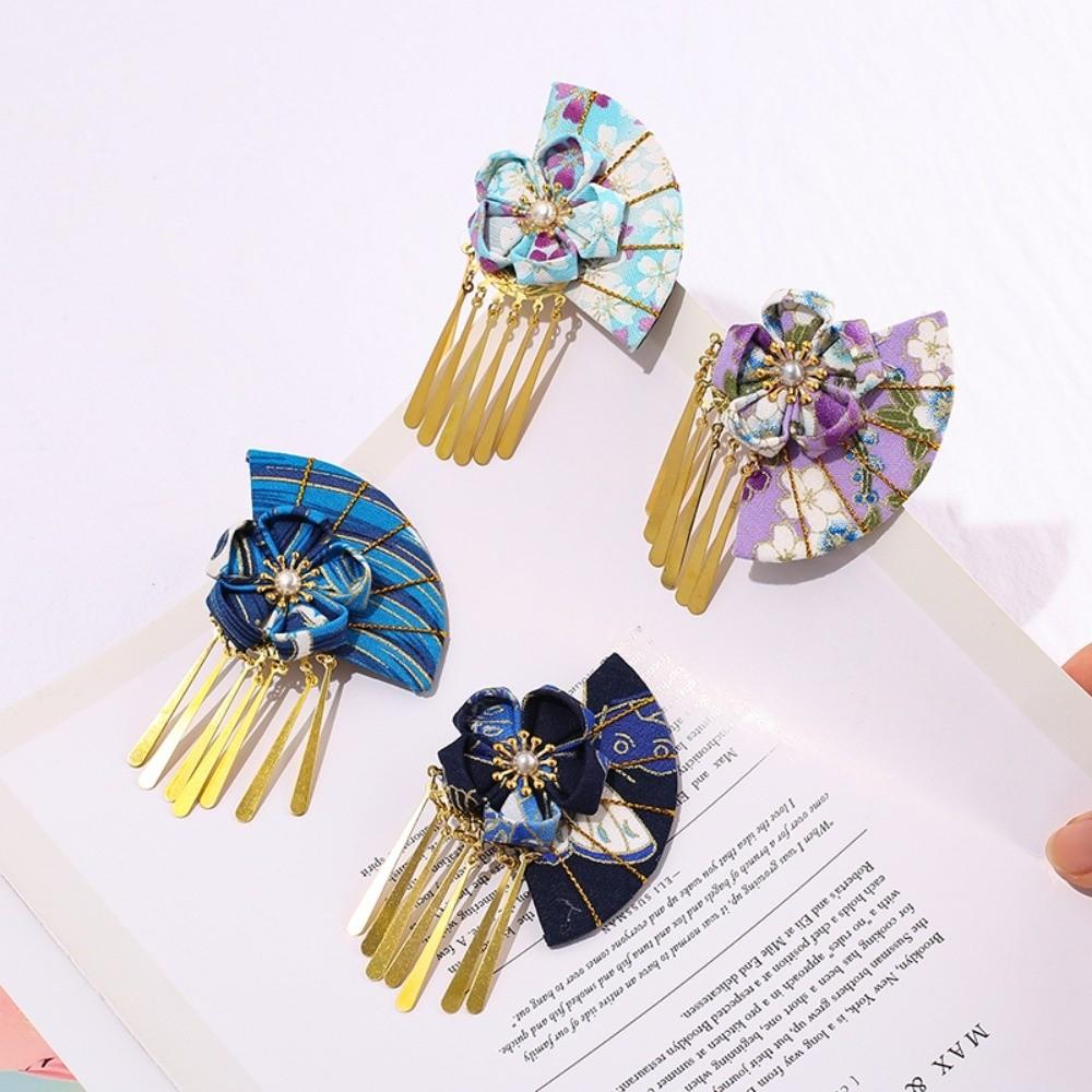 Elegant Fan Shape Hairpin Metal Tassel Faux Pearl Decor Hair Clip Hanfu Decoration