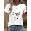 European Size European Size Women'S Casual White T-Shirt with Butterfly & Abstract Face Print - Short Sleeve, Round Neck, Breathable, All-Season Top,