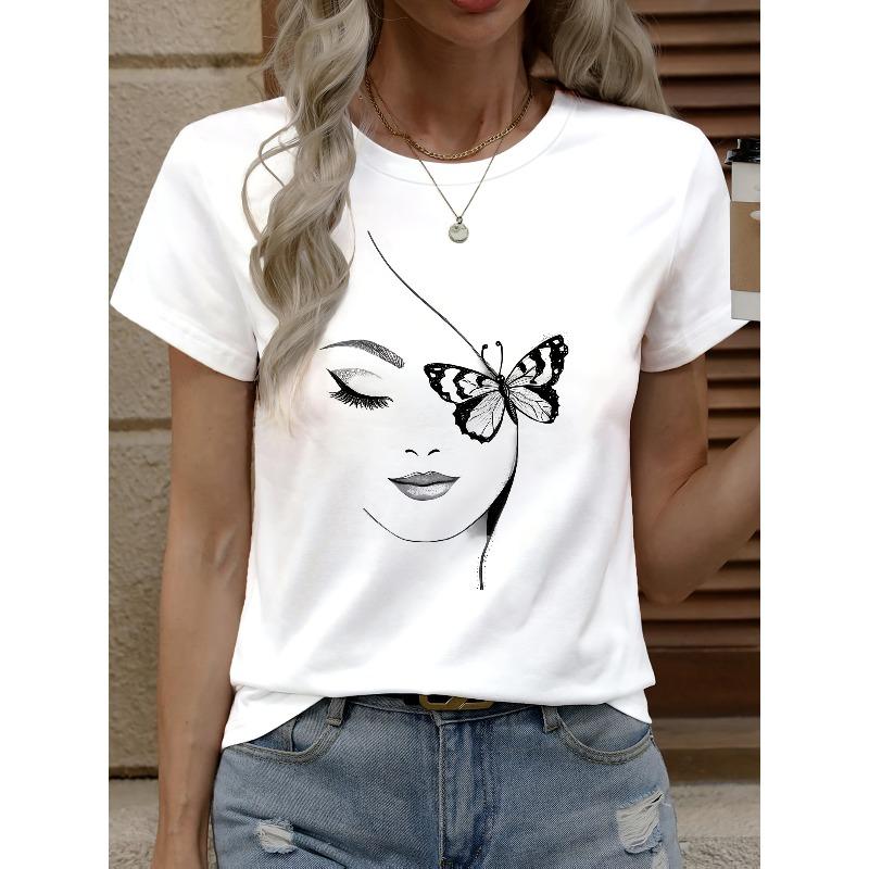 

European Size European Size Women S Casual White T-Shirt with Butterfly & Abstract Face Print - Short Sleeve, Round Neck, Breathable, All-Season Top, 4XL білий