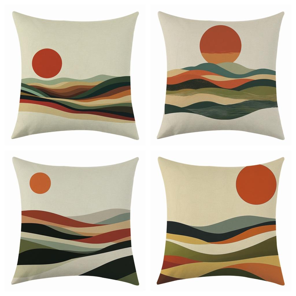 New Oil Painting Sunrise Impression Linen Pillowcase, Simple Four-piece Set with Label