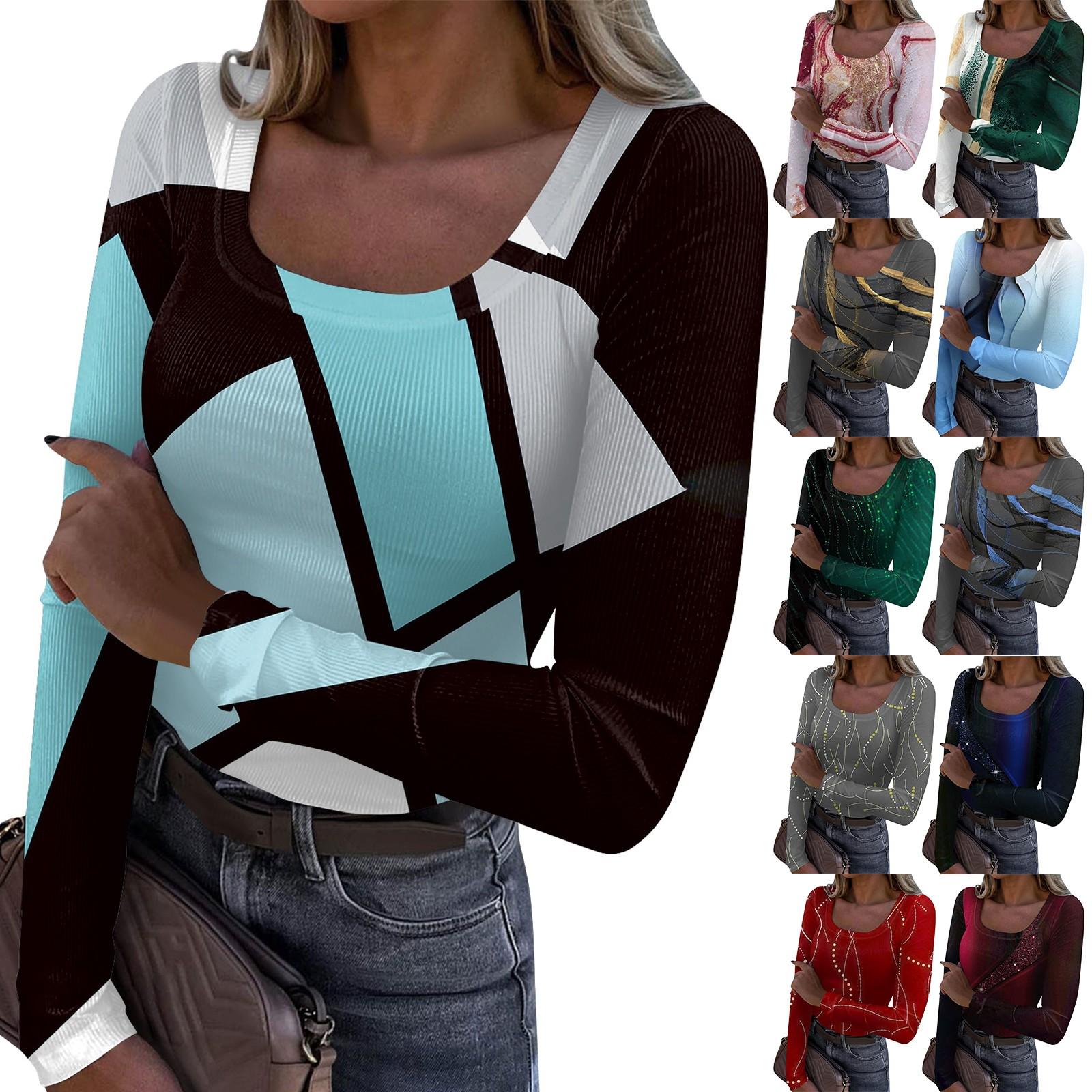 

Женская модная футболка с тонкой нижней частью, повседневный ретро-пуловер с градиентным принтом и U-образным вырезом, топ с длинными рукавами