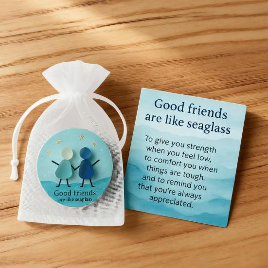 Friendship Sea Glass Christmas Ornament Inspirational Card with Acrylic Charm in Mesh Bag Meaningful