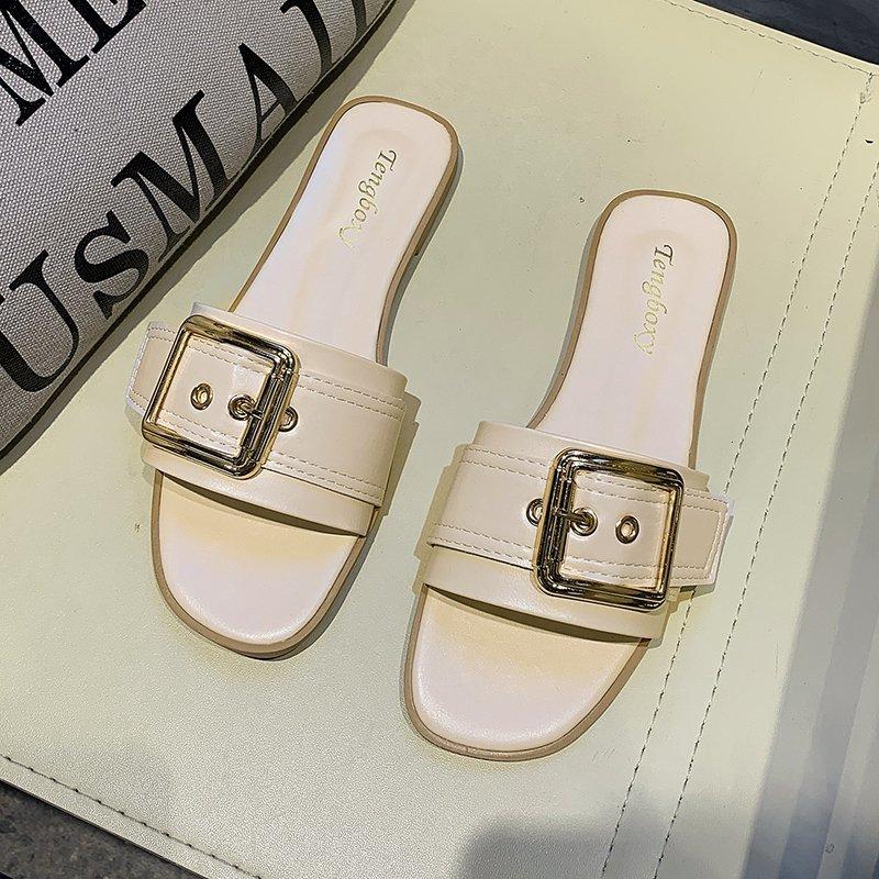Foreign trade large size slippers women's 2025 summer square buckle one-word drag women's flat bottom sandals fashion casual wear cool slippers