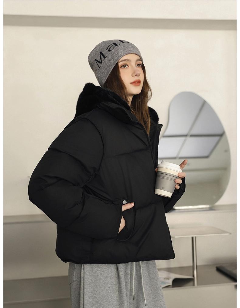Short Cotton-padded Jacket With Imitation Mink Fur Hood