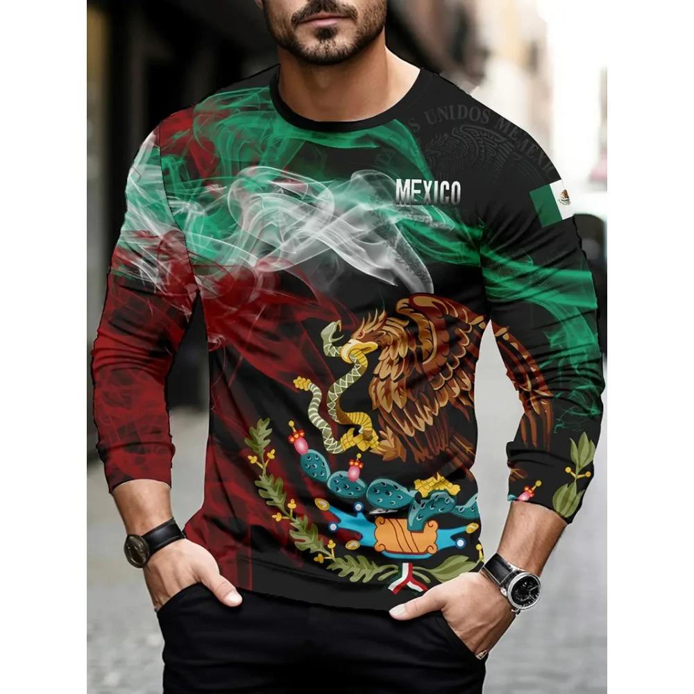 Mexico Eagle Print 3D Digital Printed Men's Fashion Trend Round Neck Long Sleeved T-shirt