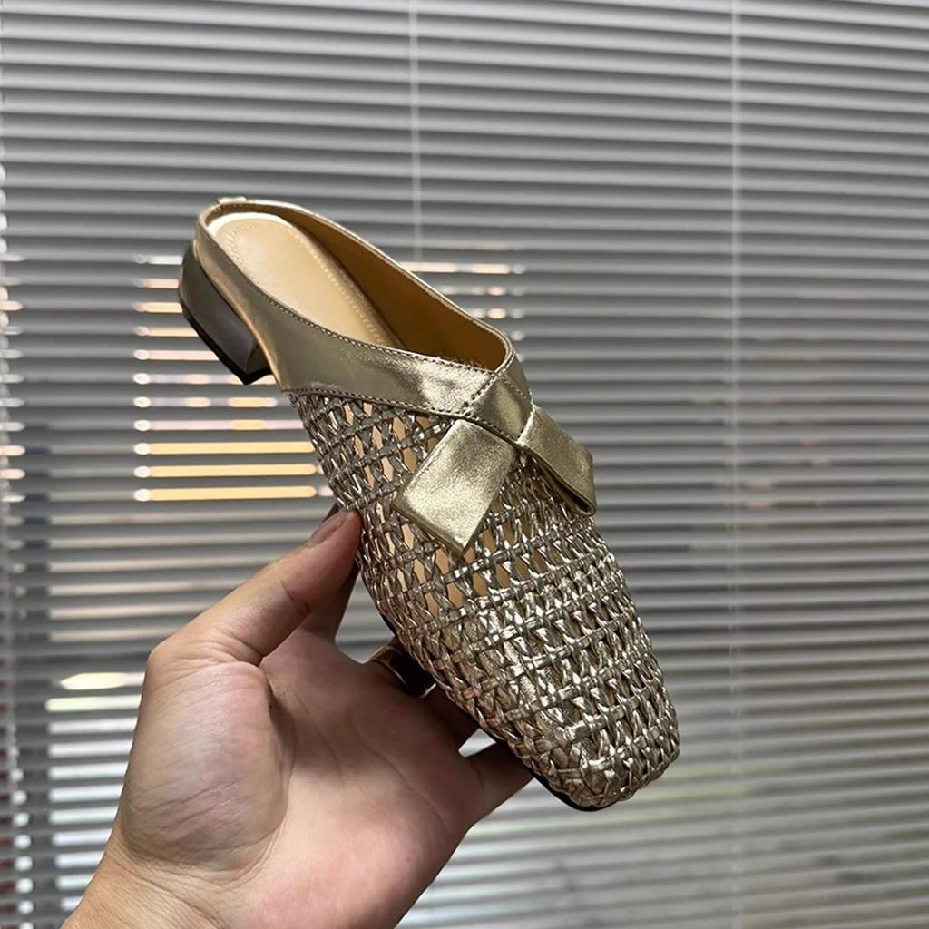 Mode Square Toe Hausschuhe Damen Sommerschuhe Luxus Pantoletten Mittlere Flechtwerkabsätze Weibliche Pantolette Cover Designer Pantoletten Weicher Block Mode