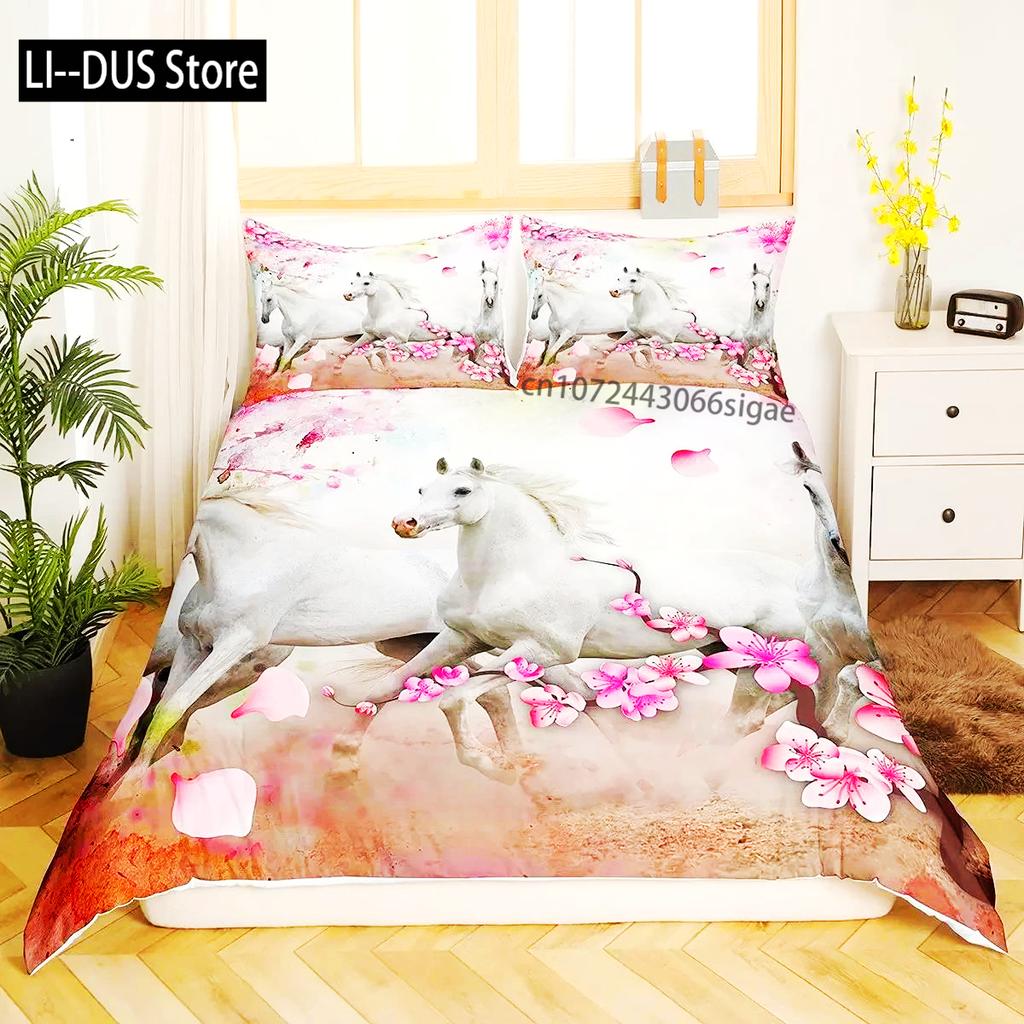 3D-Bettbezug mit Pferd, King- und Queen-Size-Größe, gelbes Sonnenblumen-Bettwäscheset, florales Tiermotiv, Bettbezug, Wildtier-Motiv, weicher Bettbezug