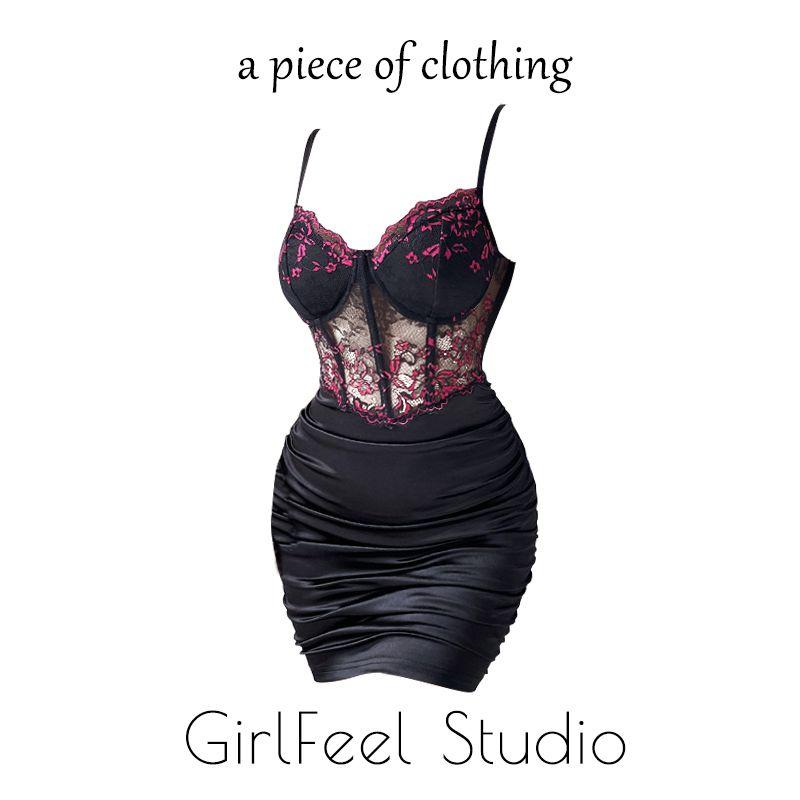 

Black Sexy Summer Fashion Fishbone Bodycon Dress Lace Black spell Rose Red XS