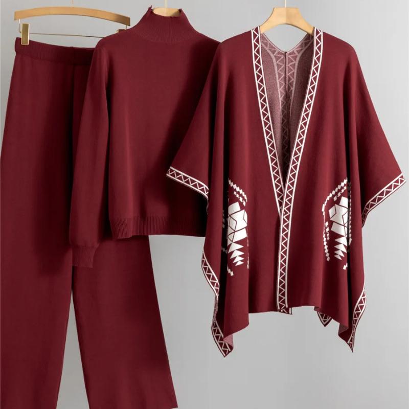 Korean Design Knitted 3 Piece Sets Women Knitwears Chic Shawl Sweater Pullover Tops Conjuntos High Waist Wide Leg Pants Outfit