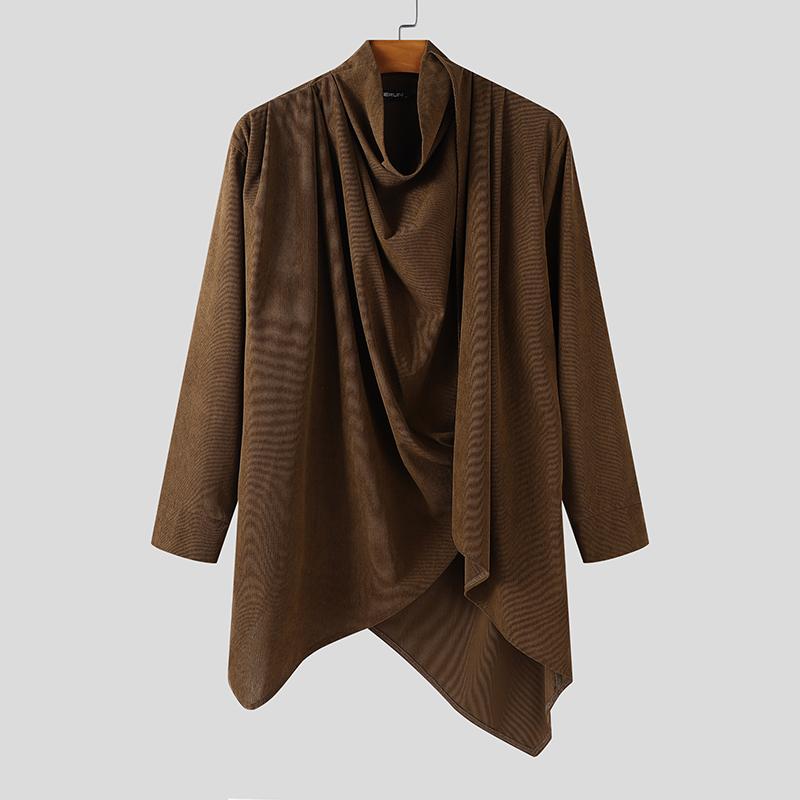 INCERUN Pánské podzimní topy a trička s dlouhým rukávem, s neobvyklým volným žebrovaným střihem a výstřihem s klopou