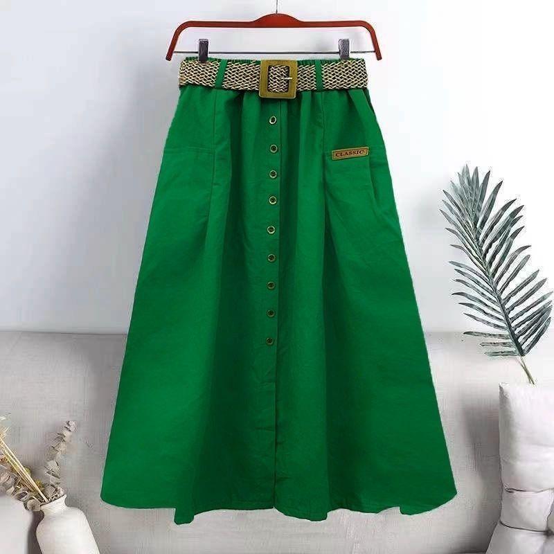 Women's Cotton Skirt Spring Summer Elasticated High-rise Skirt Split Midi A-line Skirt with Belt Pockets