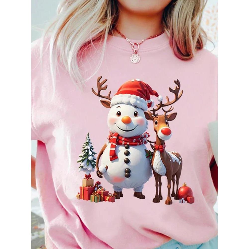 Christmas Women Casual T Shirt Cartoon Snowman Reindeer Christmas Tree Print Female Short Sleeve T-Shirt Suitable for All Season