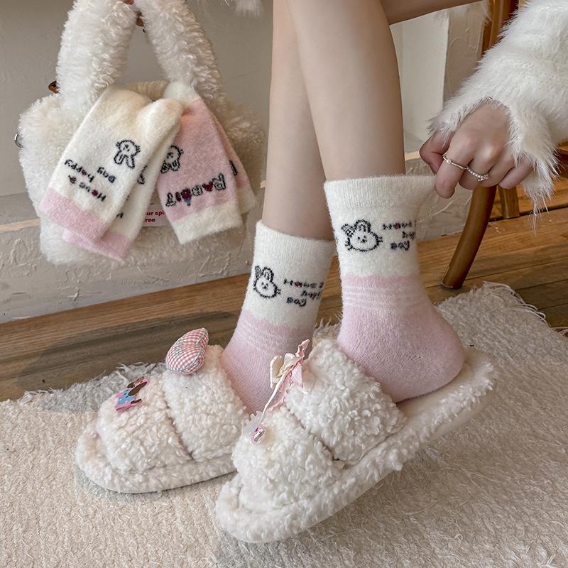 Pink Australian Velvet Socks Season Warm Medium Tube Socks Piled Thickened Home Sleep Socks Cute Cartoon Stockings