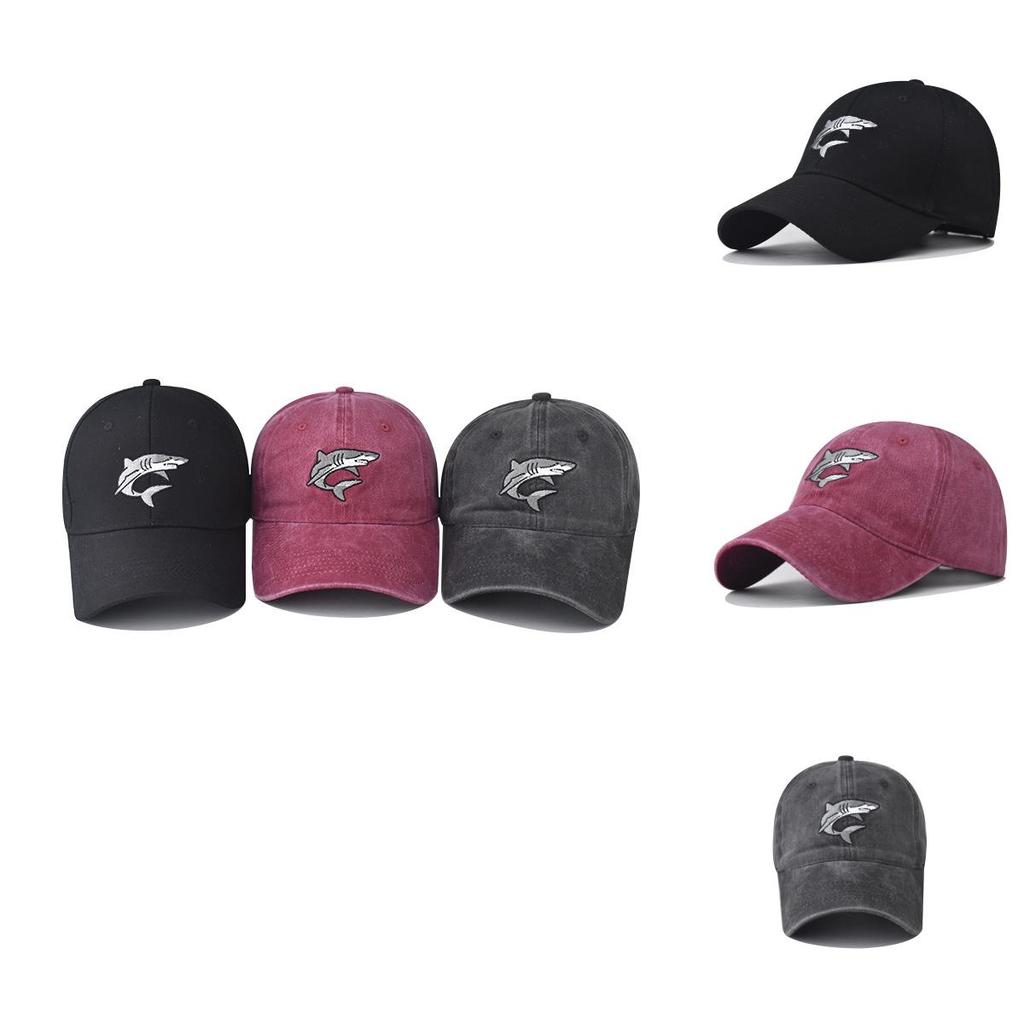 Cotton Wash Distressed Shark Embroidered Baseball Hat With Curved Brim For Outdoor Wear