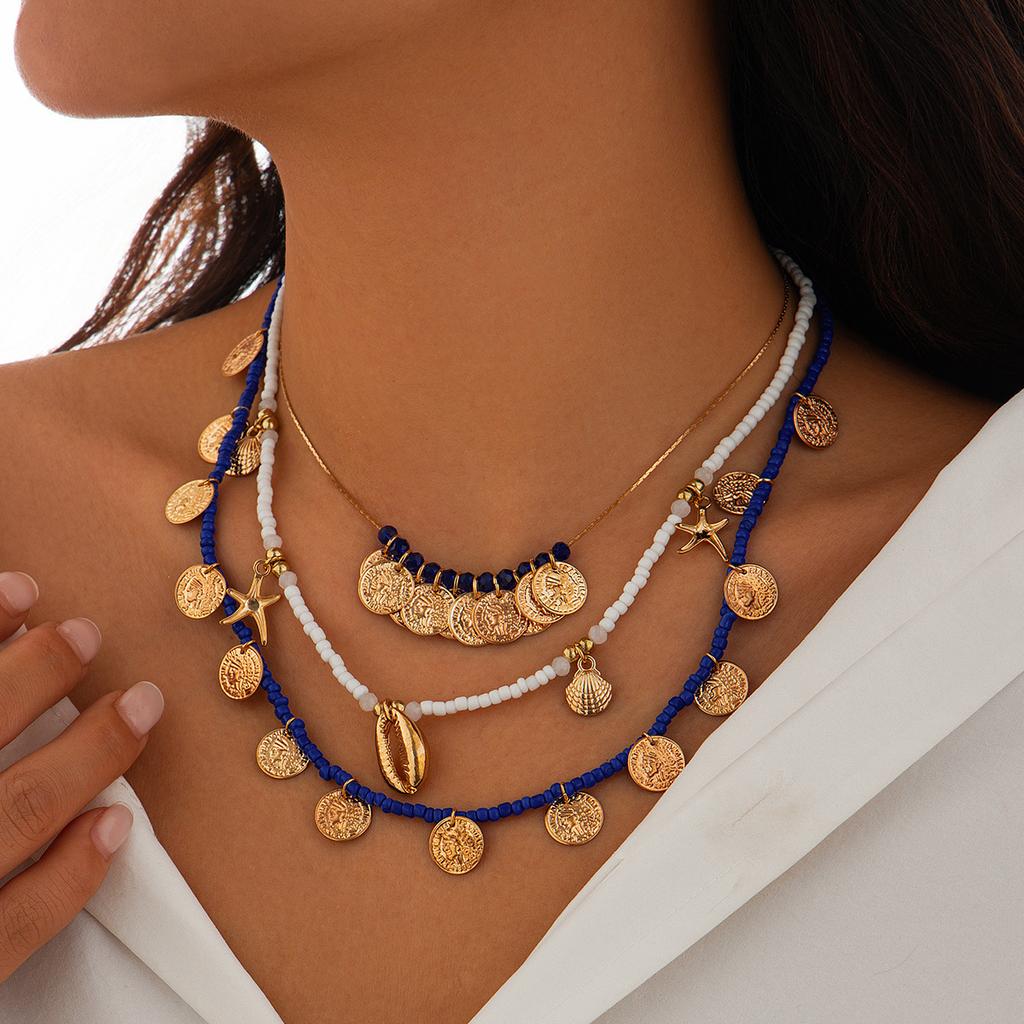 Literary And Retro-Style Portrait, Coin Necklace, Ethnic And Exotic Rice Beads, Beaded Shell Necklace Decoration