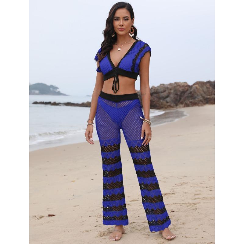 Women's Beach Patchwork Sexy Deep V Lace Up Top Micro Flared Pants Two Piece Set