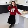 Girls' Red Bow Sweater Autumn and Winter Round Neck Korean Velvet Warm All-match Sweater