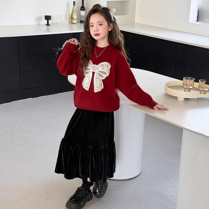 Girls' Red Bow Sweater Autumn and Winter Round Neck Korean Velvet Warm All-match Sweater