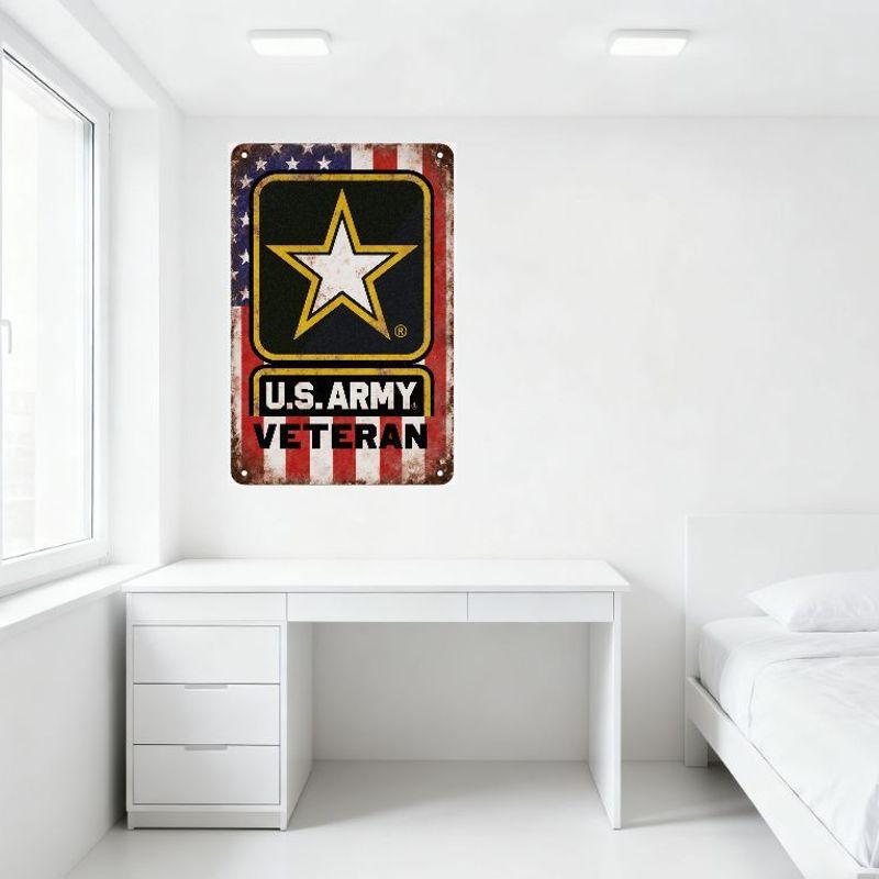 Vintage U.S. Army Veteran Metal Tin Sign Distressed Rustic Wall Decor with US Flag & Star Design, Military Memorabilia for Man C