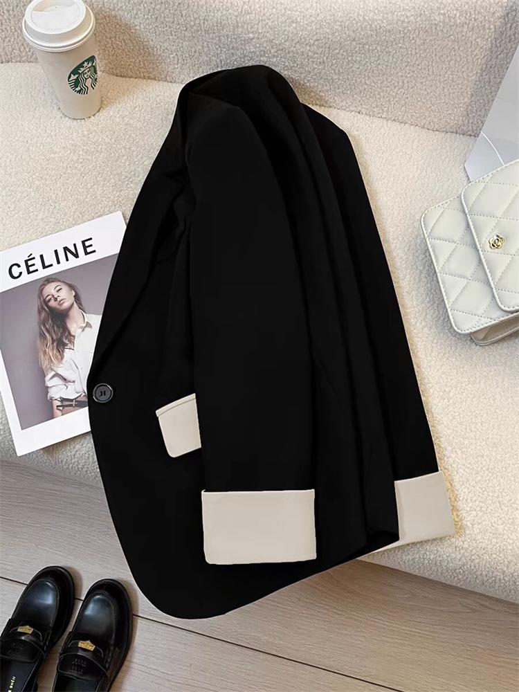 Dámské černé barevně blokované patchworkové sako - 2025 Nový stylový lehký luxusní oblek
