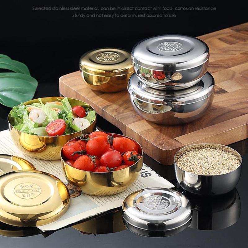 Stainless Steel Bowl Korean Big Cooked Rice Bowl With Cover Single Layer Steamed Rice Bowl Child Anti-Scalding/Fall Tableware