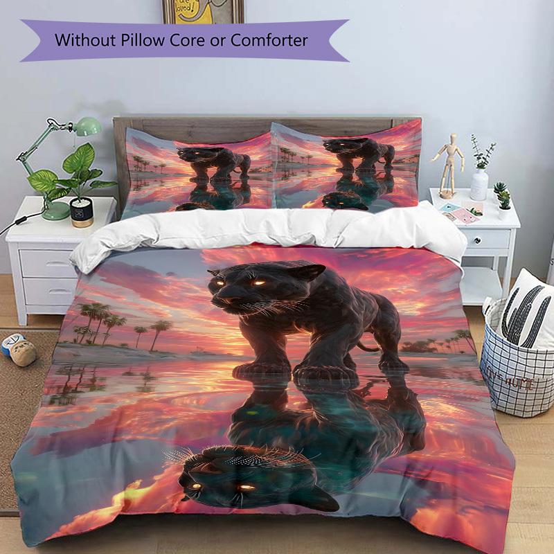 3pcs Panther Reflection Sunset Bedding Set - 1 Duvet Cover + 2 Pillowcases(Core Not Included), Machine Washable Polyester, All-Season Comfor