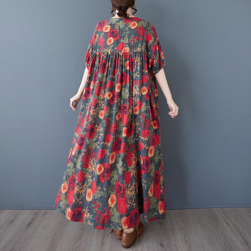 DIMANAF 2025 Summer Women Plus Size Vintage Dress Floral Short Sleeve Casual Basic New Printing Loose Long Dress