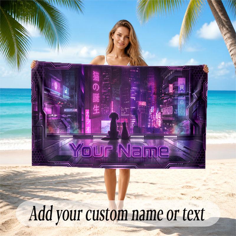 City Cyberpunk Theme Soft Beach Towel Personalized Custom Name Text Towel Portable for Beach Pool Travel