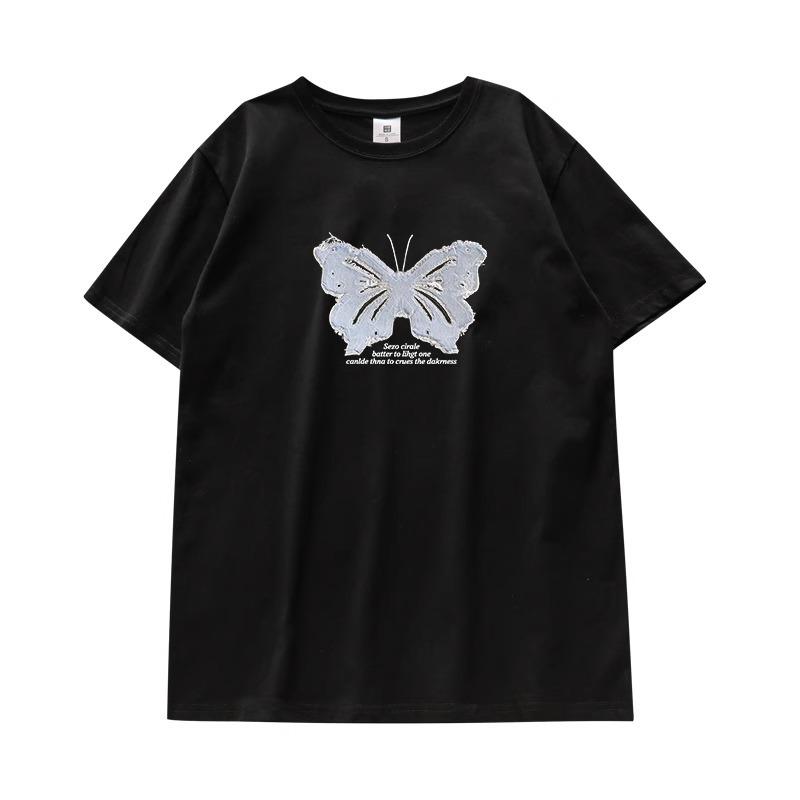 Butterfly Short-sleeved T-shirt Women's Summer New Design Sense Niche French Sweet Top Korean Chic Pure Cotton Half-sleeve