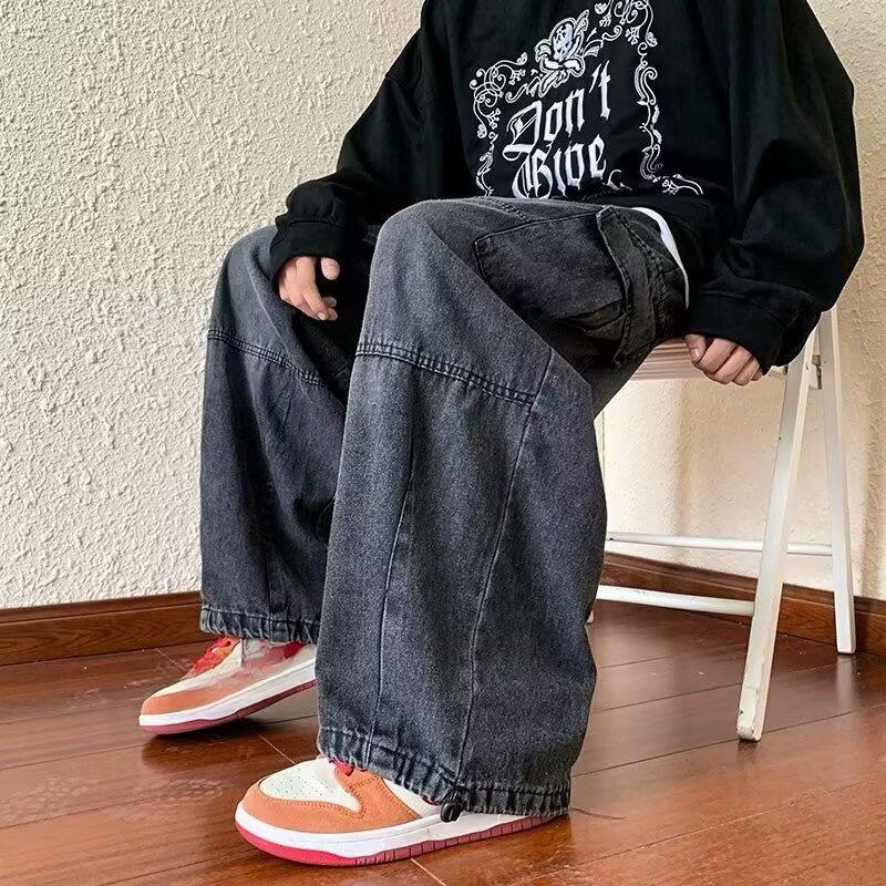 Men/Women Oversized Cargo Pants Vintage Drawstring Multiple Pockets Elastic Waist Solid Color Baggy Denim Pants Wide Leg Trouser